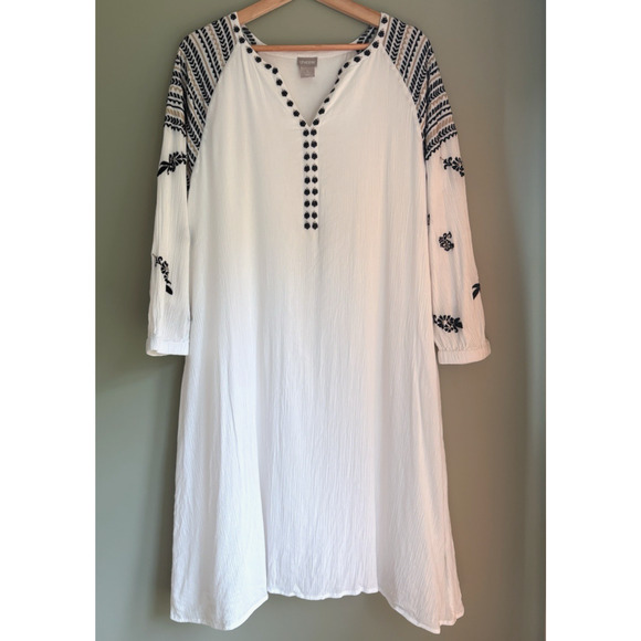 CHICOS Embroidered Shift Dress White Black Gauze Cotton Size 2 (12) Boho Cottage - Picture 5 of 11